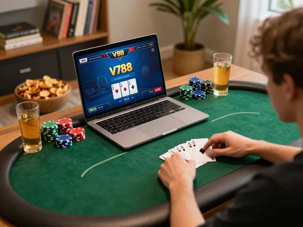 Engaging online poker gameplay on v788 WIN platform featuring intense player focus and a lively atmosphere