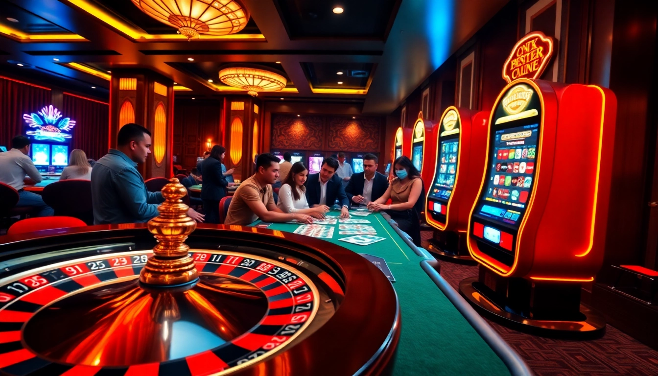 A thrilling gaming experience at https://zx88.live/ with a roulette wheel and poker table glowing under vibrant lights.