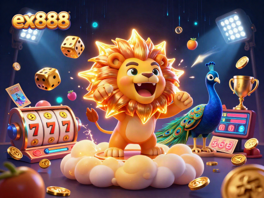 Engage in thrilling gameplay with ex888 at this vibrant casino illustration, showcasing dynamic slot reels and glowing jackpots.