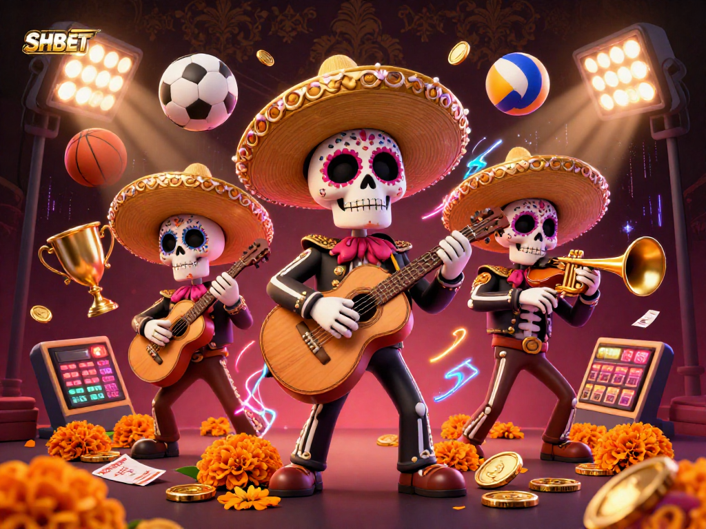 Engage with SHBET's vibrant casino scene featuring mariachi skeletons and dynamic sports elements for thrilling entertainment.