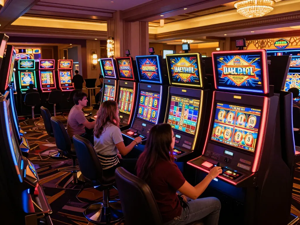 Players spinning slots at FC88's vibrant casino area, showcasing dynamic gaming excitement.