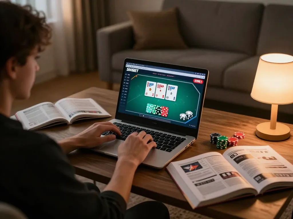 Player accessing SHBET online casino with poker game on laptop in a cozy living room.