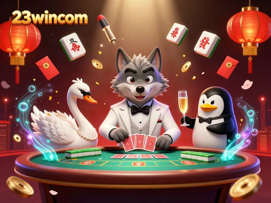 Experience the excitement of 23wincom with a baccarat scene featuring lively characters and vibrant casino elements.