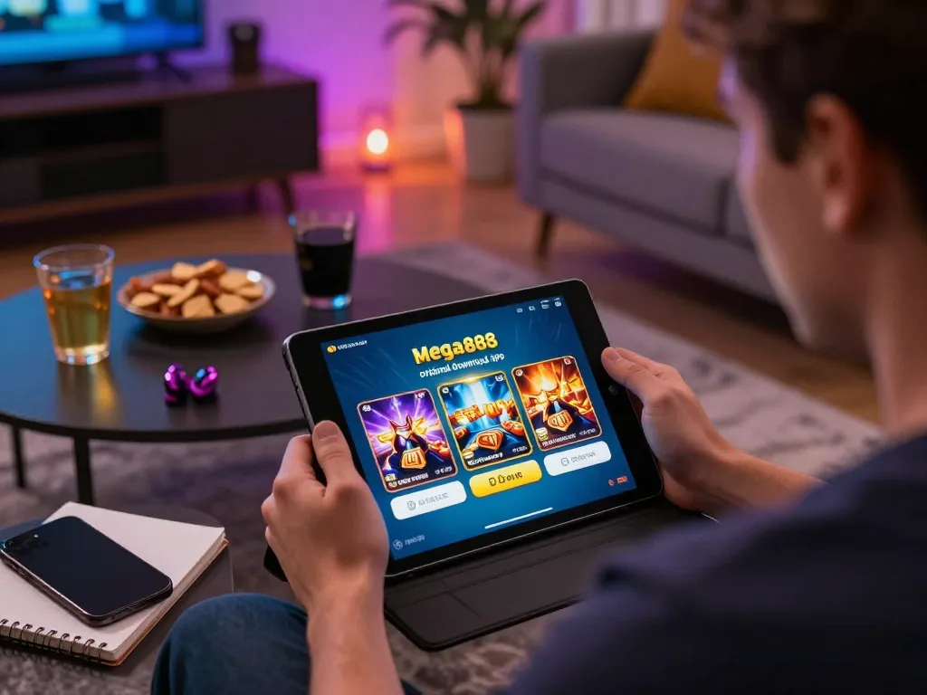 Using the mega888 original download ios app on a tablet in a cozy gaming setup, promoting responsible online gambling.