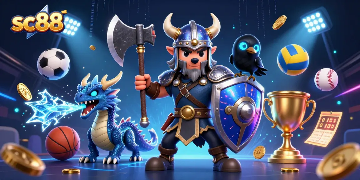 Engage with sc88's thrilling sports betting scene featuring a Viking warrior and dynamic elements.