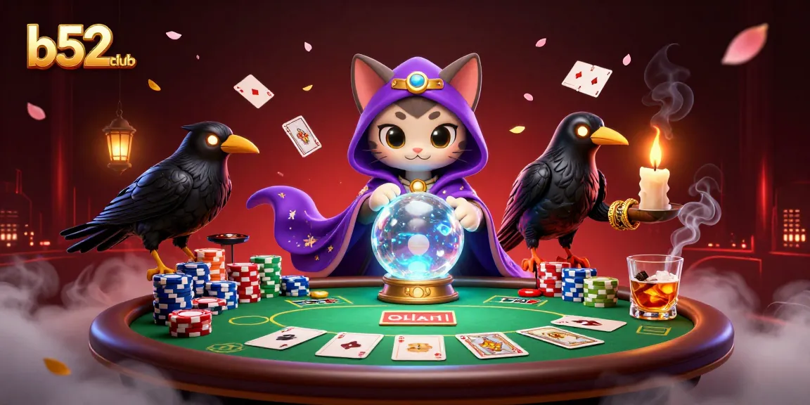 Experience thrilling gambling at b52club with vibrant 3D artwork of fortune teller and poker elements.