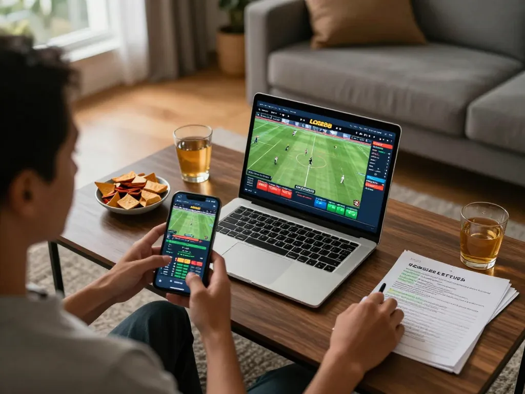 Person enjoying online sports betting with LODE88 on laptop and smartphone, surrounded by snacks.