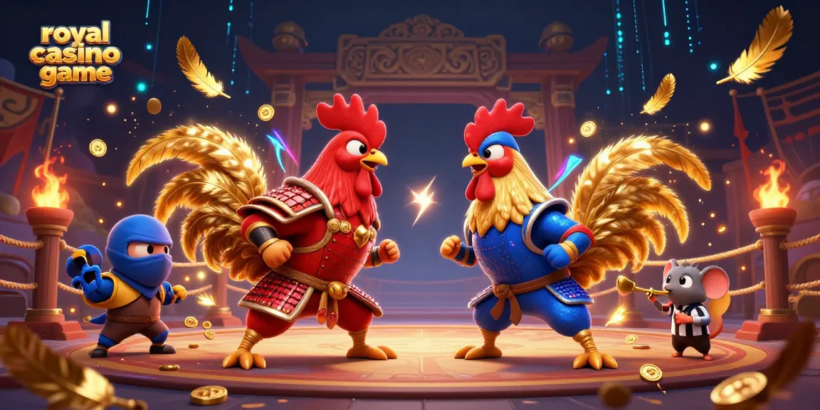Competitive scene of royal casino game with animated roosters in combat, showcasing thrilling casino elements.