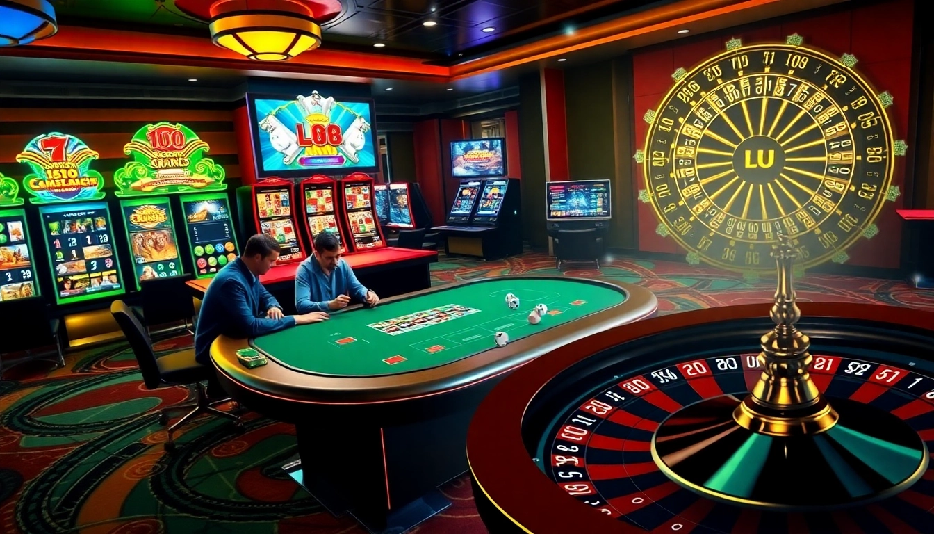Players engaging in a high-stakes game at lu88.com poker table amidst vibrant casino atmosphere.