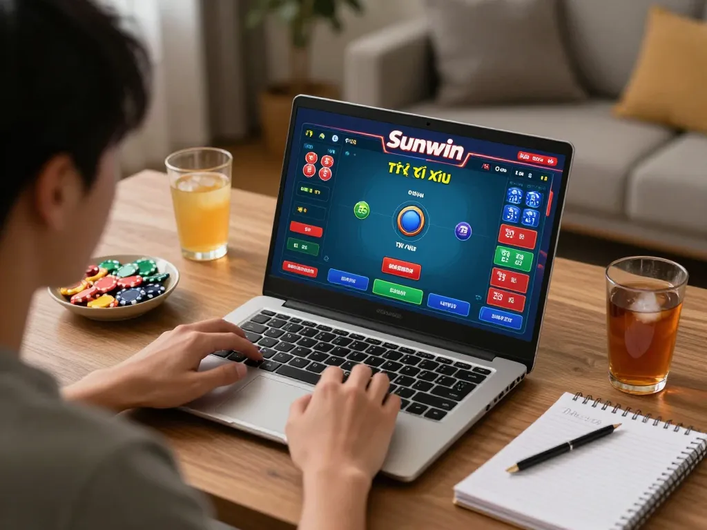 Tài Xỉu Sunwin online gaming in a cozy home office with vibrant game action.