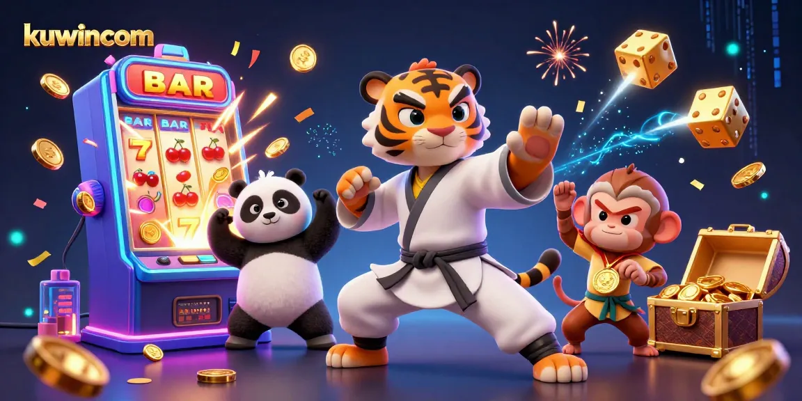 Kuwincom showcases a vibrant 3D illustration featuring playful characters around a jackpot bursting slot machine and casino elements.