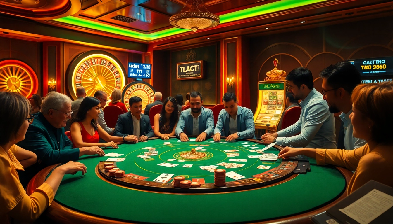 Players at a vibrant poker table with ty le keo displayed, capturing the thrill of casino gambling.