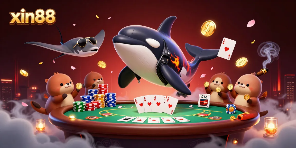 Experience the thrill of xin88 with a cartoon orca, stingray, and otters in a dynamic poker setting.