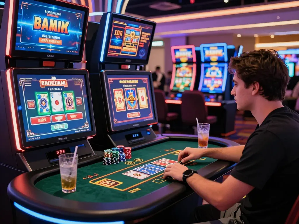 Engaging casino scene featuring bomwin player at a gaming station, neon lights, and digital graphics.