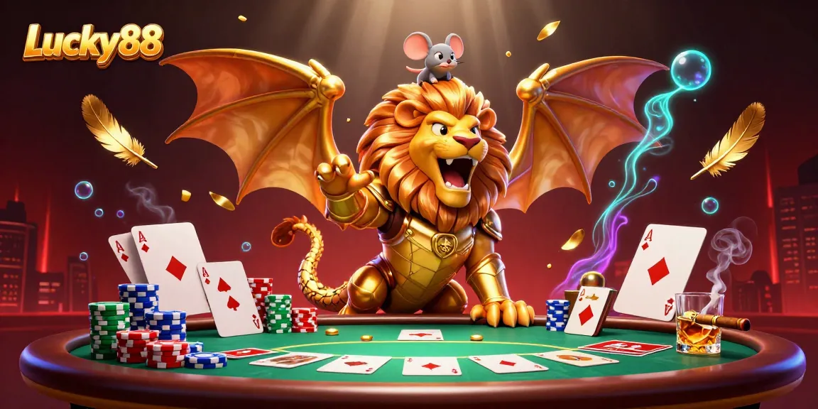 Engage with Lucky88 as the chimera triumphs at a vibrant poker table, showcasing thrilling game elements.