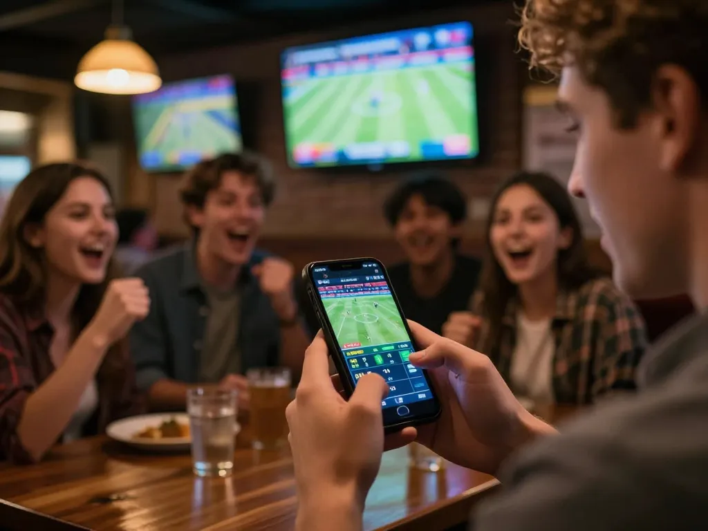 Soi kèo sports betting action showcasing live match updates on smartphone in a vibrant sports bar atmosphere.