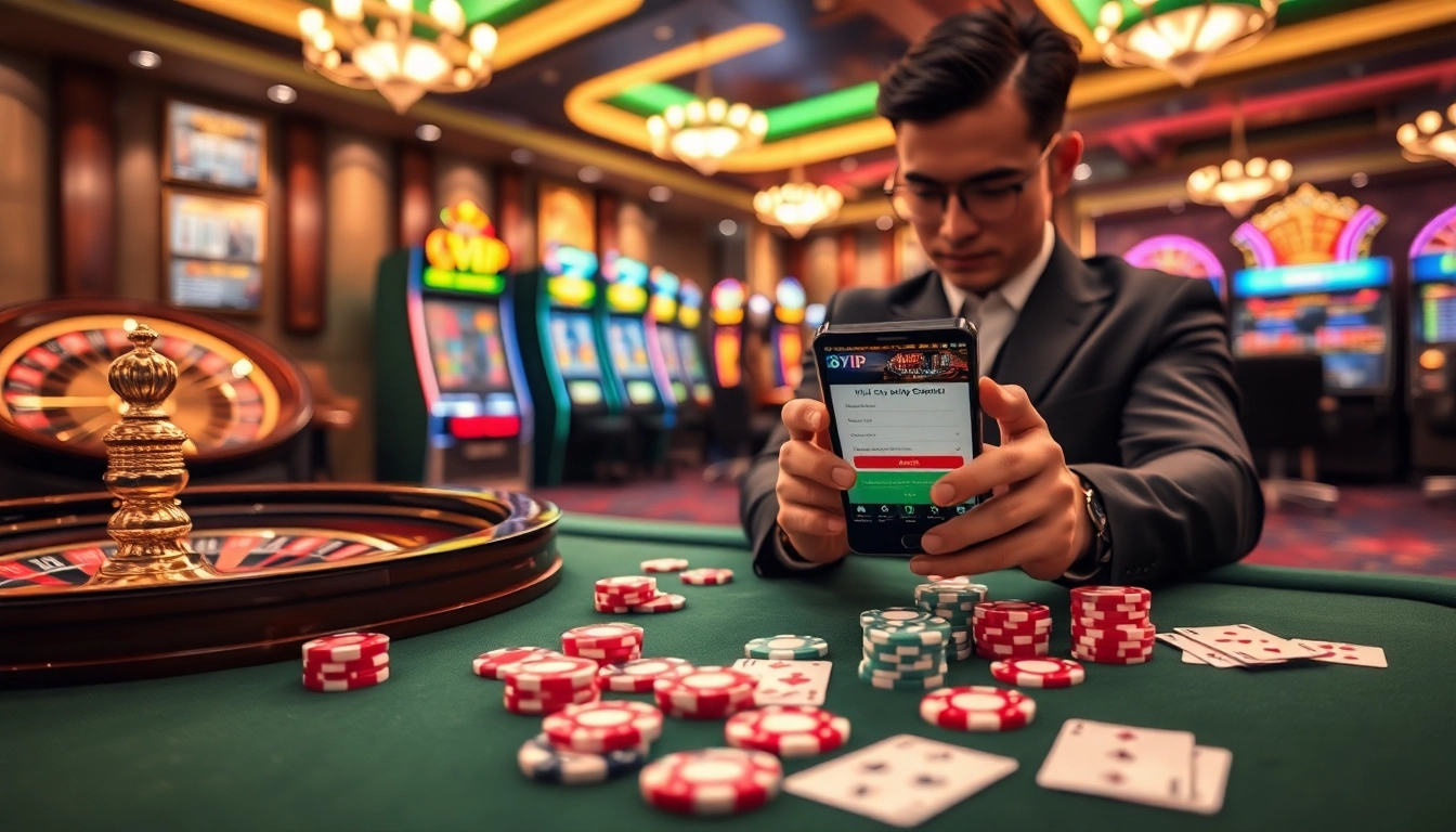 Registering with Đăng Ký Nhà Cái 68VIP at an elegant casino with a vibrant gaming atmosphere.
