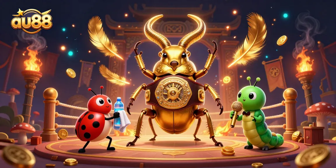 Engage in thrilling gameplay at au88 featuring a giant stag beetle champion in a dramatic casino battle arena.