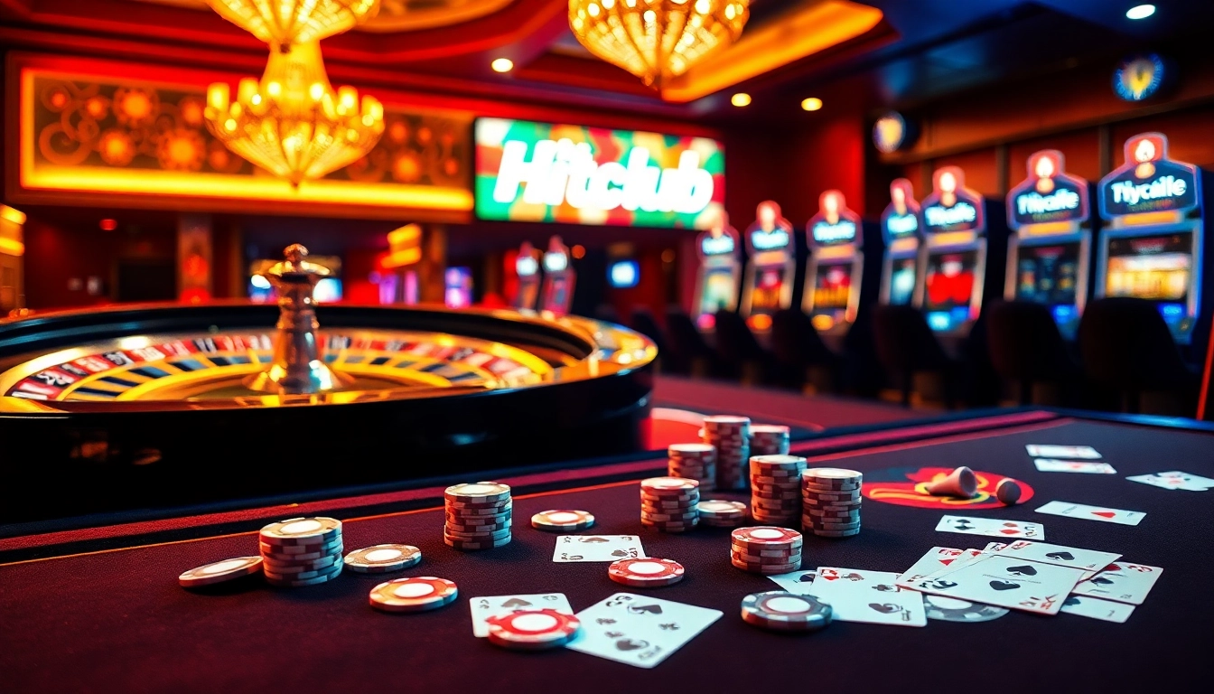 Tải Hitclub with vibrant casino table featuring poker cards and chips, a roulette wheel, and slot machines.