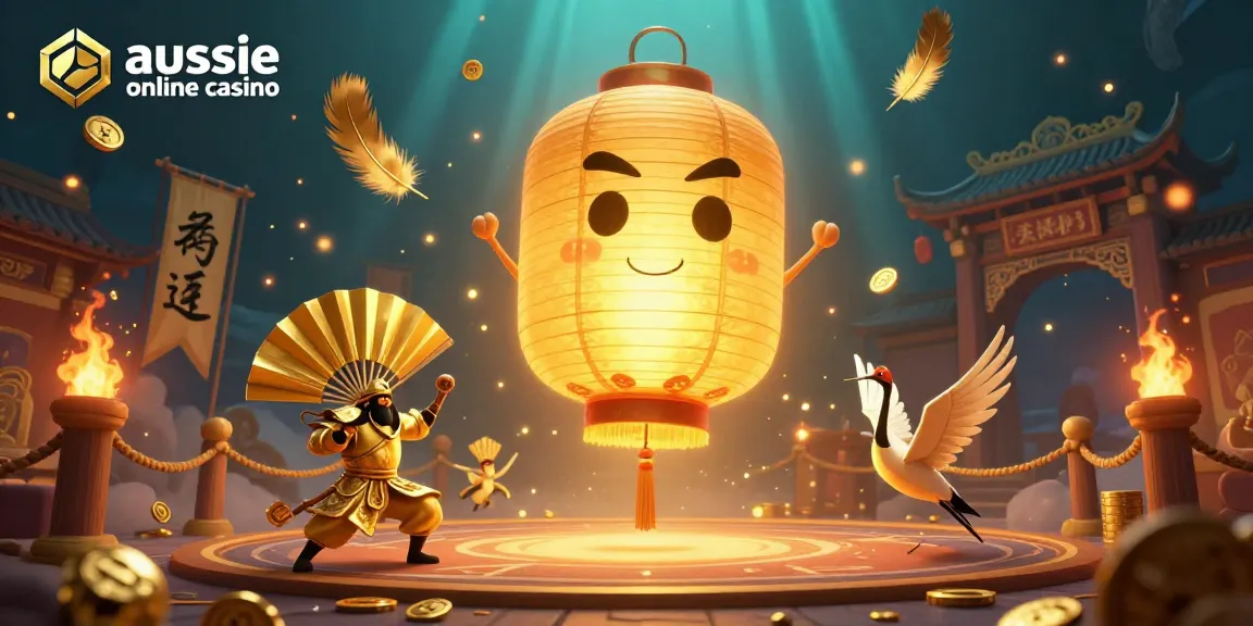 Aussie online casino scene featuring a golden lantern spirit and warriors amidst gold coins and gaming elements.