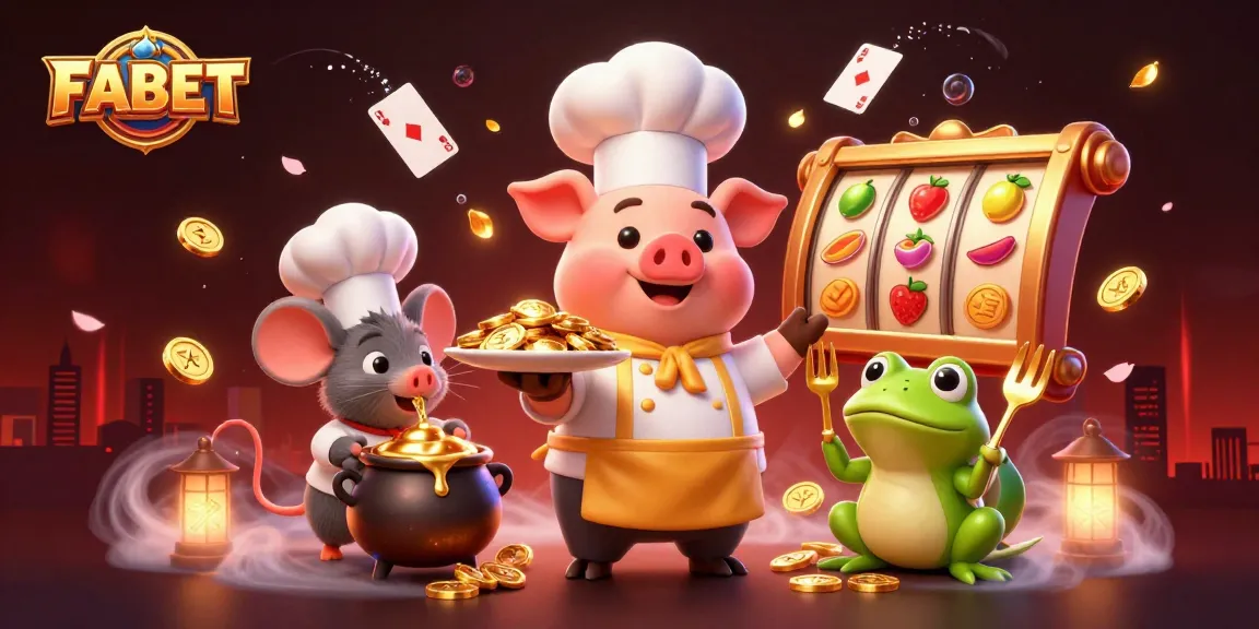 FABET showcases a lively casino scene with a cartoon chef pig, vibrant slot elements, and dynamic gameplay attributes.