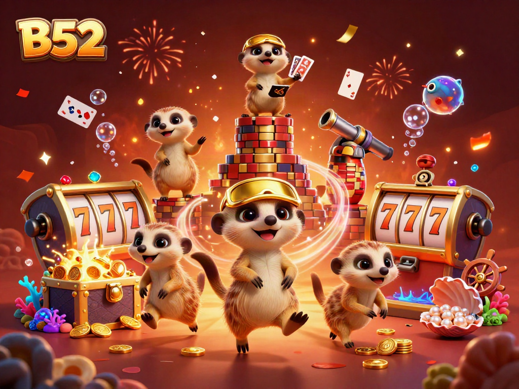 Engage with the vibrant B52 casino scene featuring meerkats and dynamic gaming elements.