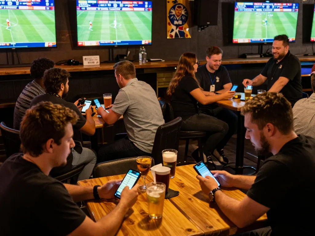 Patrons engaging in live sports betting at a buzzing bar, showcasing 888vnd com mobile betting excitement and interaction