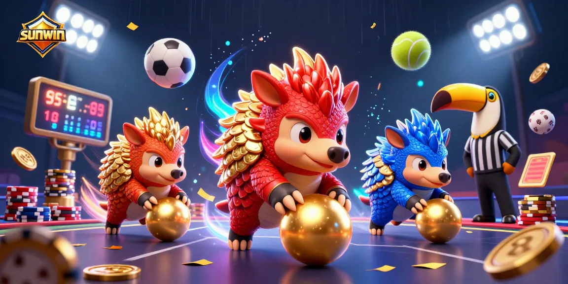 Sunwin pangolins competing with poker chip bowling in a dynamic casino-themed illustration.