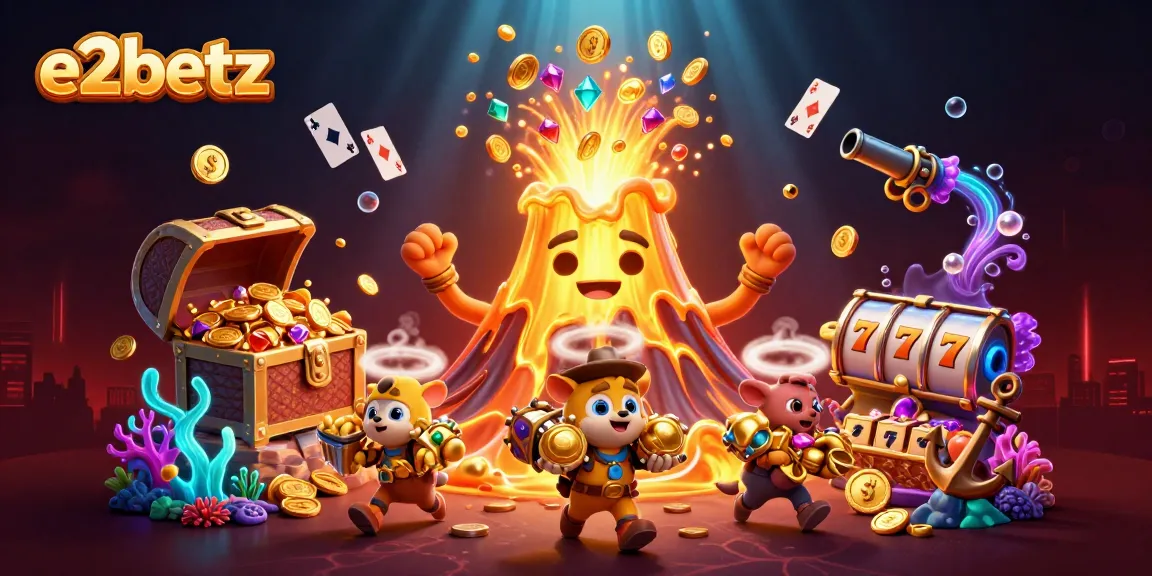 e2betz showcases a vibrant 3D cartoon casino scene with golden treasures, adding excitement to the gaming experience.