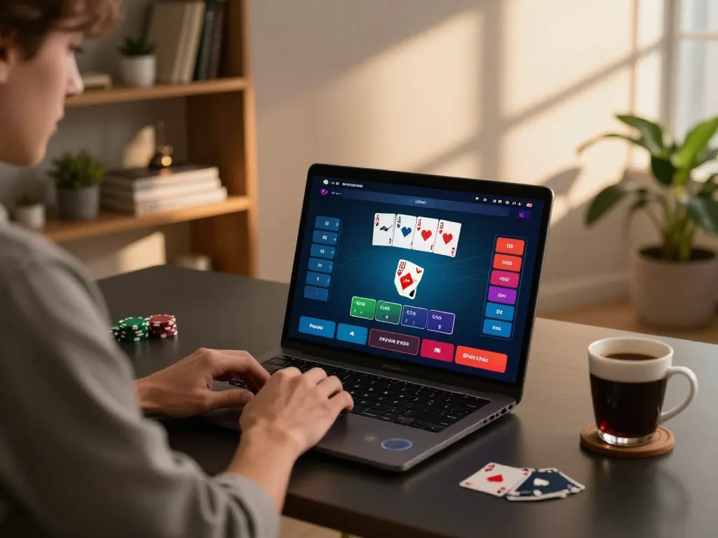 Player engaging in online poker on a laptop at home, showcasing the modern gaming experience with 88vv.