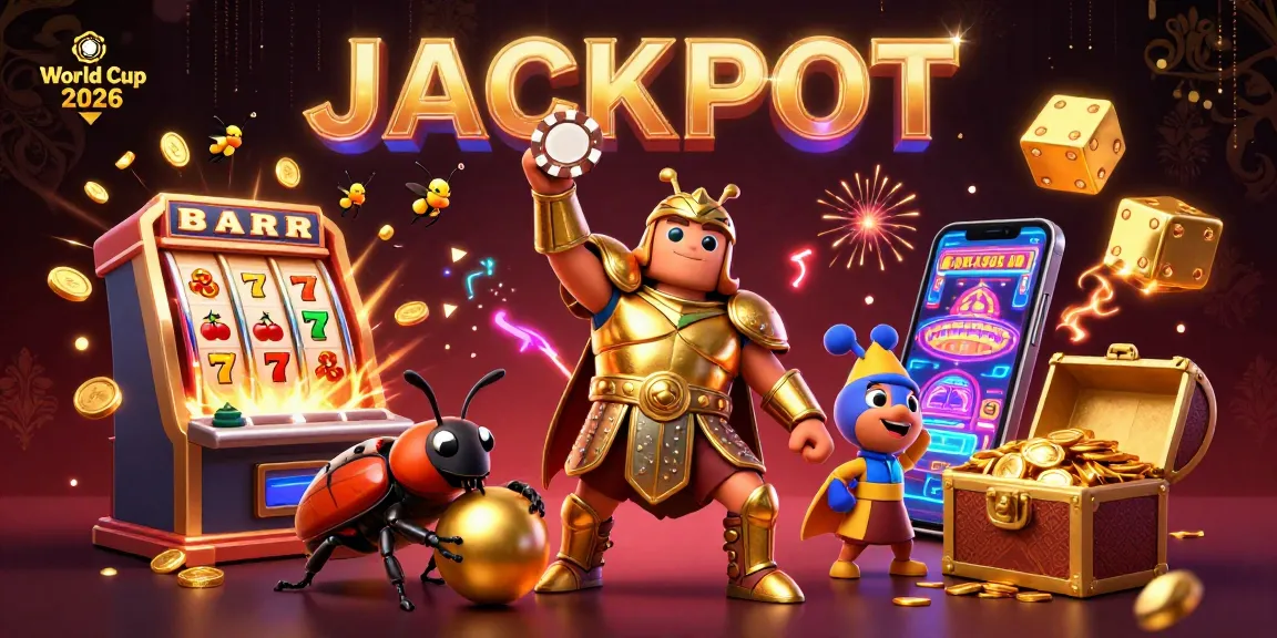 Experience the excitement of World Cup 2026 with a victorious beetle character celebrating a jackpot in a vibrant casino scene.