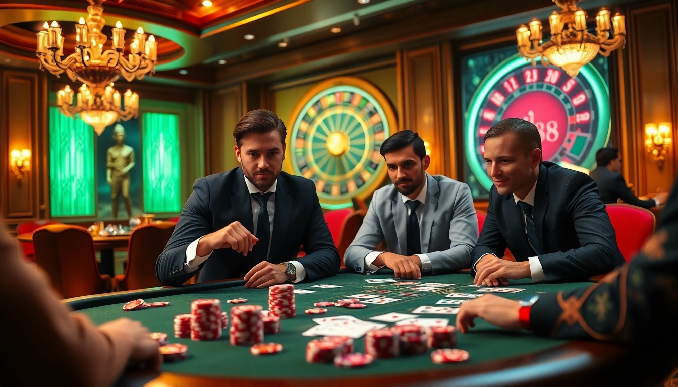 Players strategize intensely at a luxurious j88 poker table, surrounded by chips and cards.