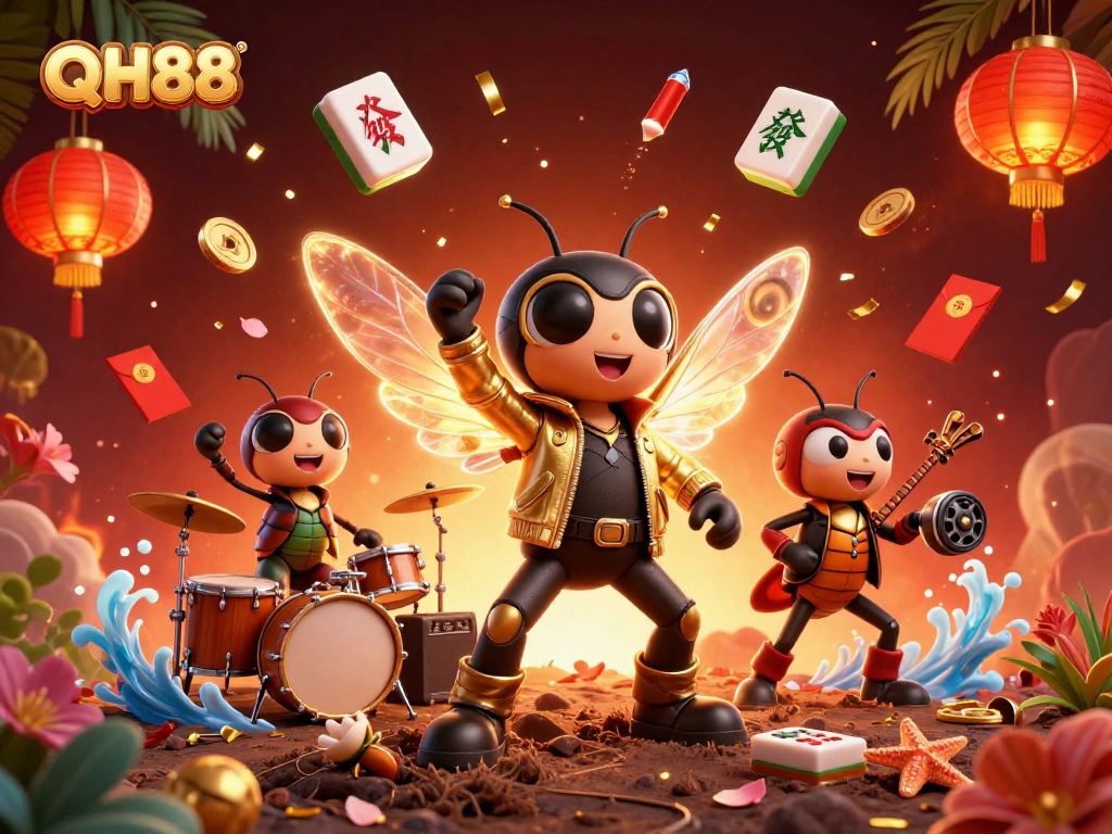 Experience the vibrant QH88 casino scene with a rock star cicada and lively game elements.