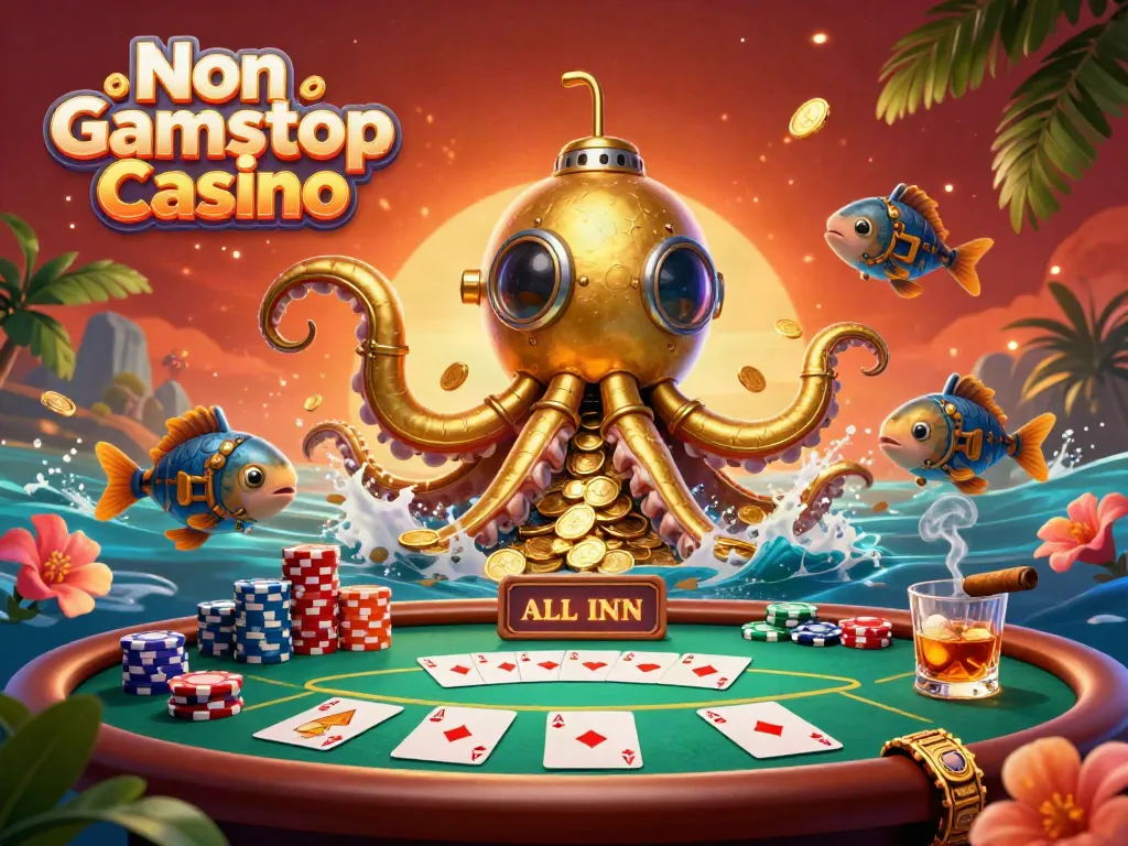 Engage with the thrilling world of Non Gamstop Casino depicted in a rich, dynamic scene featuring a kraken submarine and vibrant poker elements.