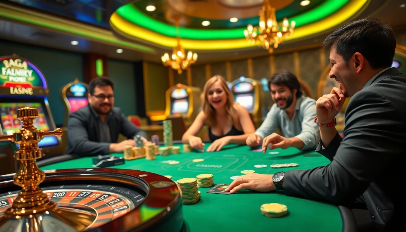 DAGA casino scene showing players enthusiastically engaging in a vibrant game of poker, reflecting excitement and luxury.