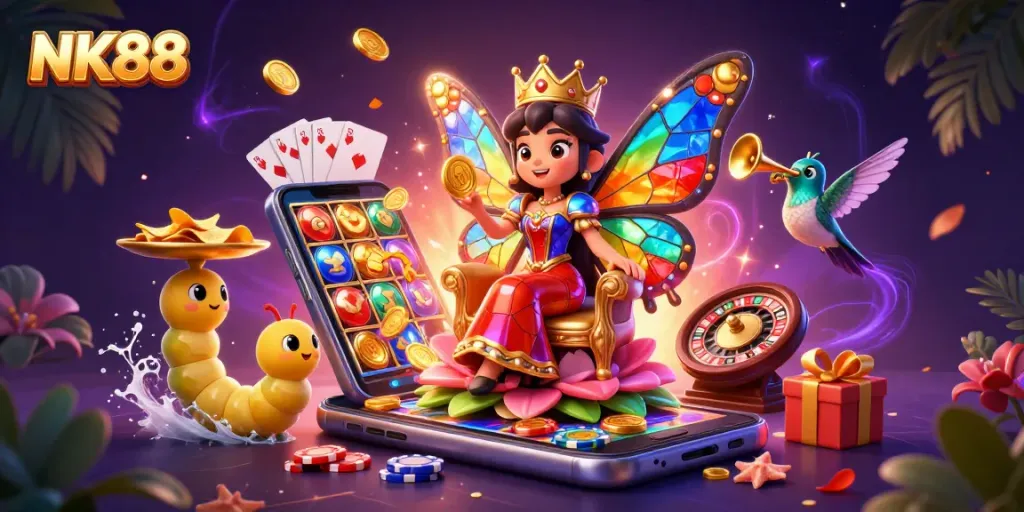 Engage with NK88 as a vibrant casino fantasy scene showcases thrilling gaming elements.