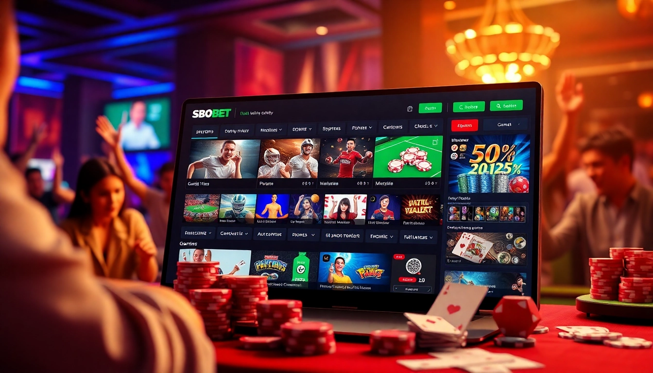 SBOBET.dance showcasing a vibrant online betting interface with players engaged in poker and sports betting.