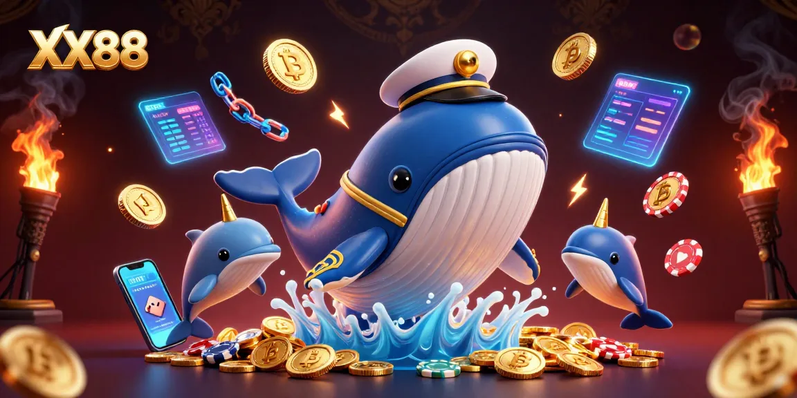 XX88 players engage with a casino gaming scene featuring a whale, narwhal, and dolphins amidst crypto coins and vibrant jackpots.