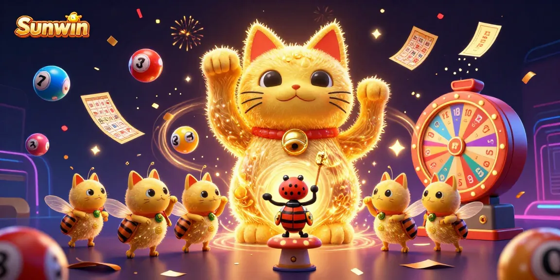 Engage in thrilling entertainment with Sunwin as golden fireflies create a lucky cat amidst casino symbols.