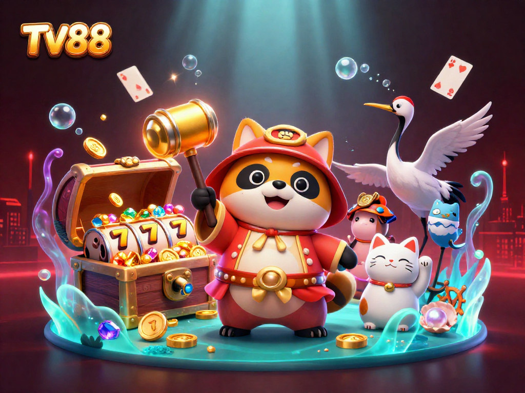 Engage with TV88's vibrant casino world featuring a cheerful tanuki and lucky elements.