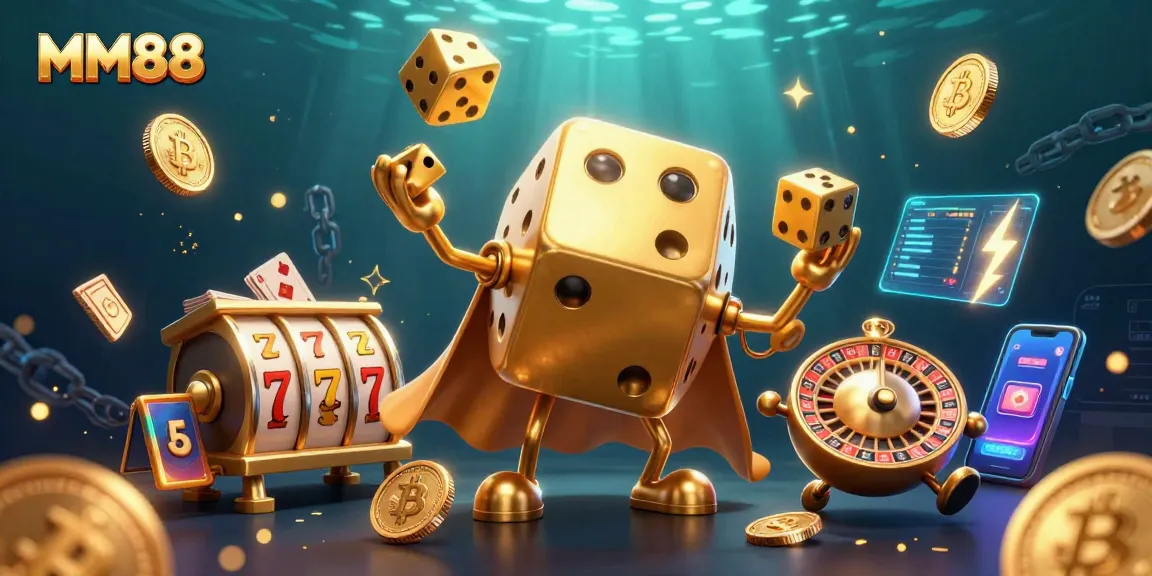 Experience the excitement of MM88 with golden dice and slot reels in this vibrant casino scene.