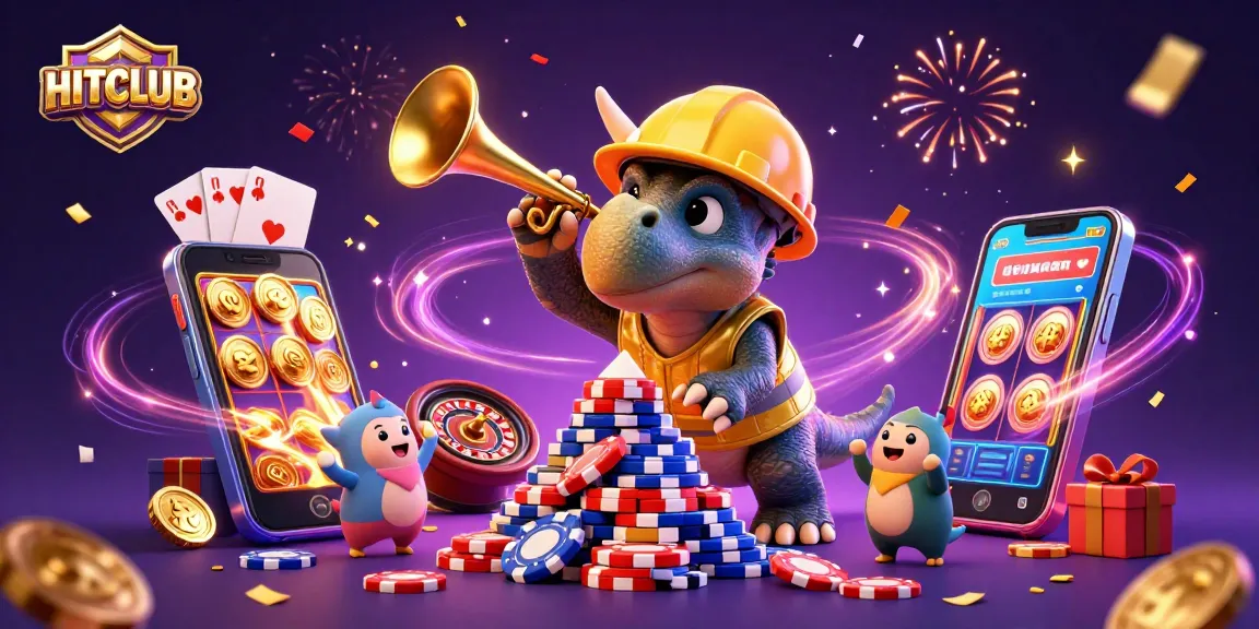 Engage with HITCLUB’s thrilling gameplay featuring cartoon dinosaurs in a celebratory casino setting.