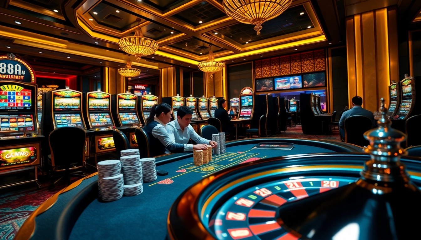 Players enjoy high-stakes poker action at nhà cái 88AA with vibrant slot machines in the background.