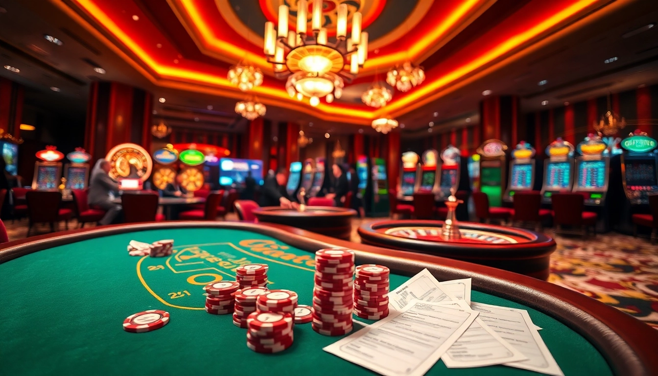 A stylish casino scene illustrating tỷ lệ kèo nhà cái and players engaging in poker.