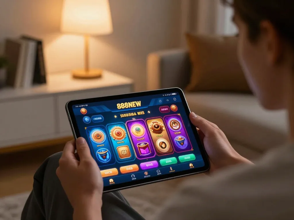 Player engaging with the 888NEW casino app on tablet, promoting responsible online gambling strategies.