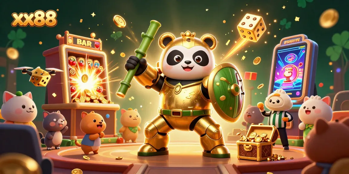 Experience thrilling action with xx88's cartoon mech-suit panda engaging in jackpot excitement in a vibrant casino.