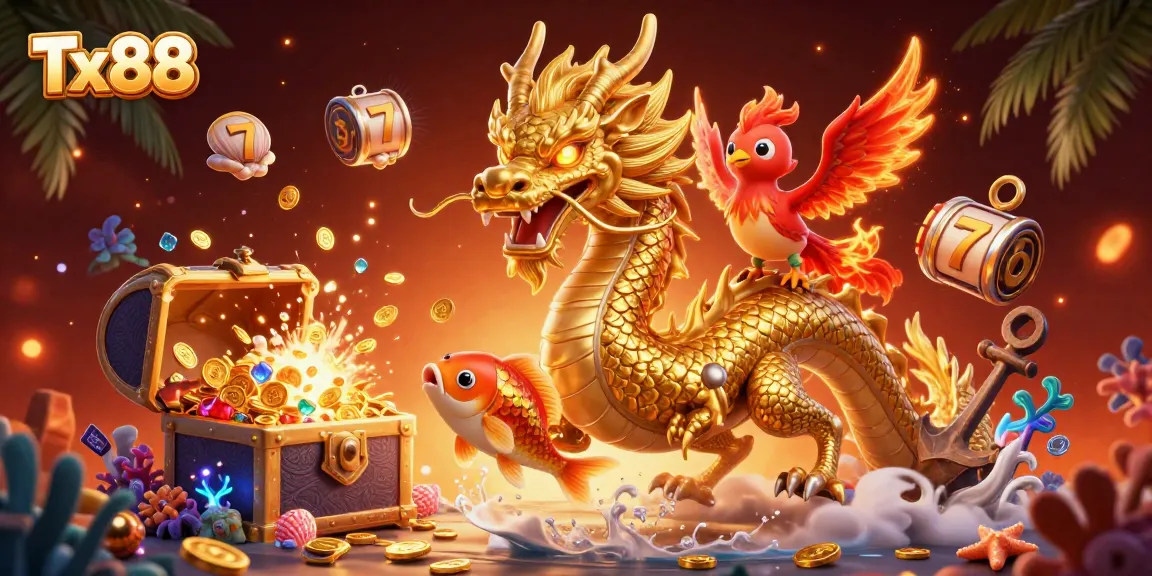 Engage with Tx88 vibrant gaming adventure featuring golden dragon and phoenix amidst riches.