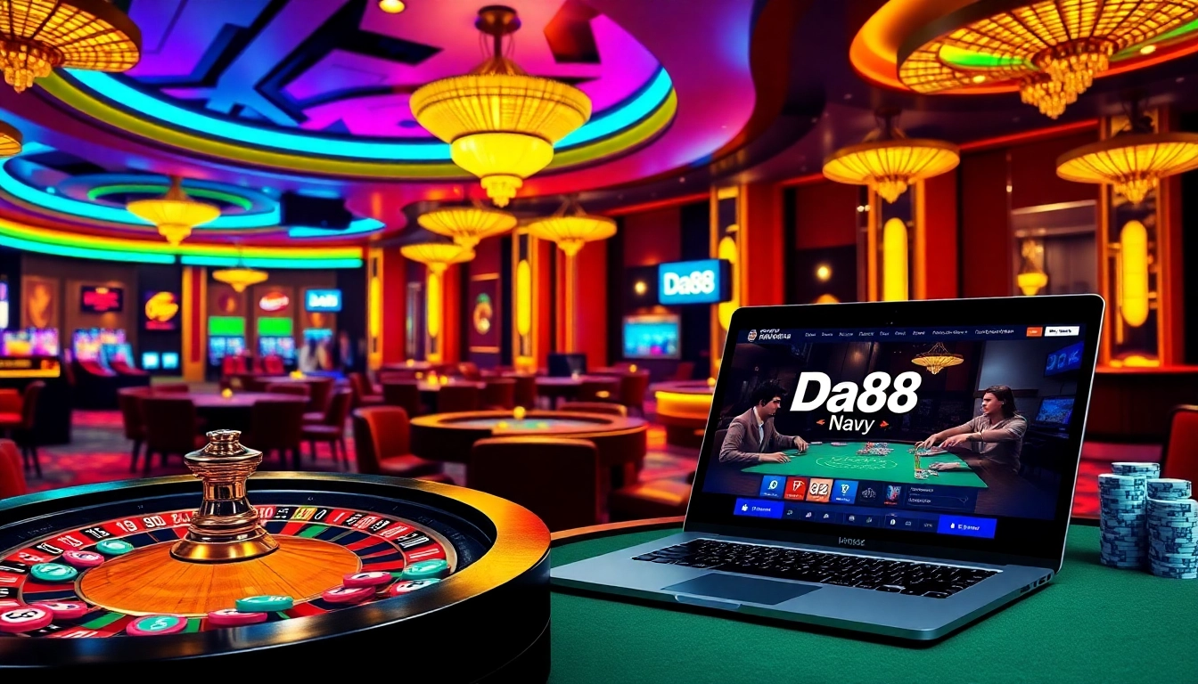 Action-packed casino scene with players enjoying high-stakes games at https://da88.navy/ roulette and poker tables.