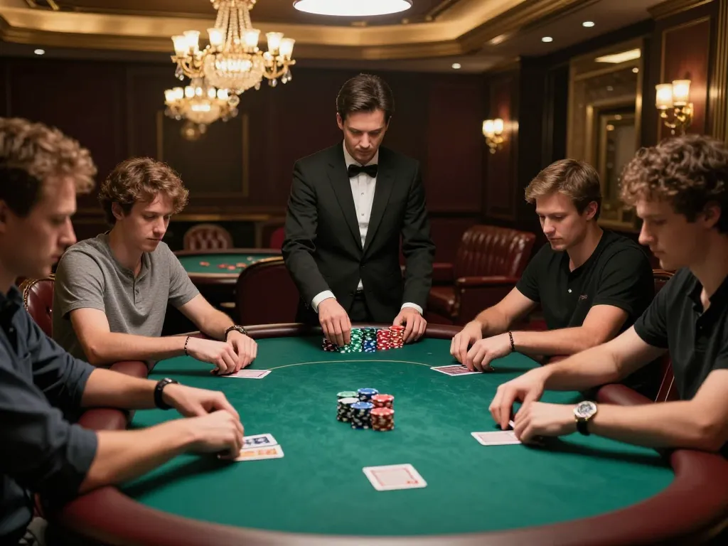 Players engaging in strategic poker gameplay at a luxurious casino table, showcasing SHBET's thrilling atmosphere.