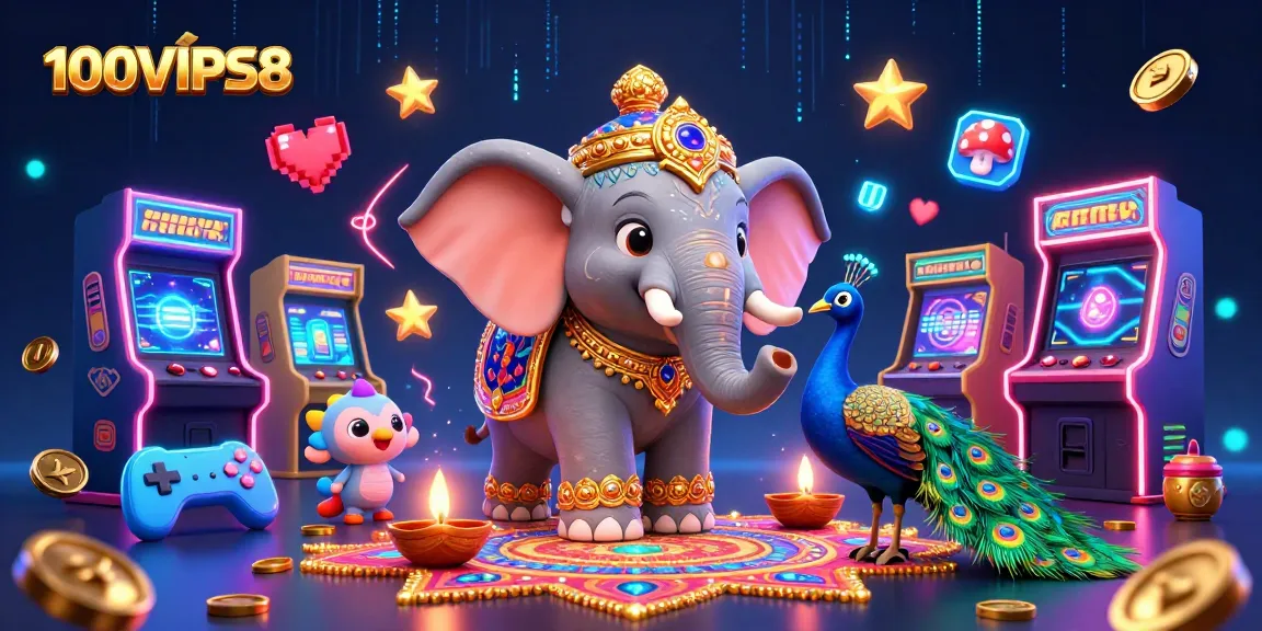 Engage with thrilling gameplay at 100VIPS8, featuring a dynamic scene of casino games and colorful characters.